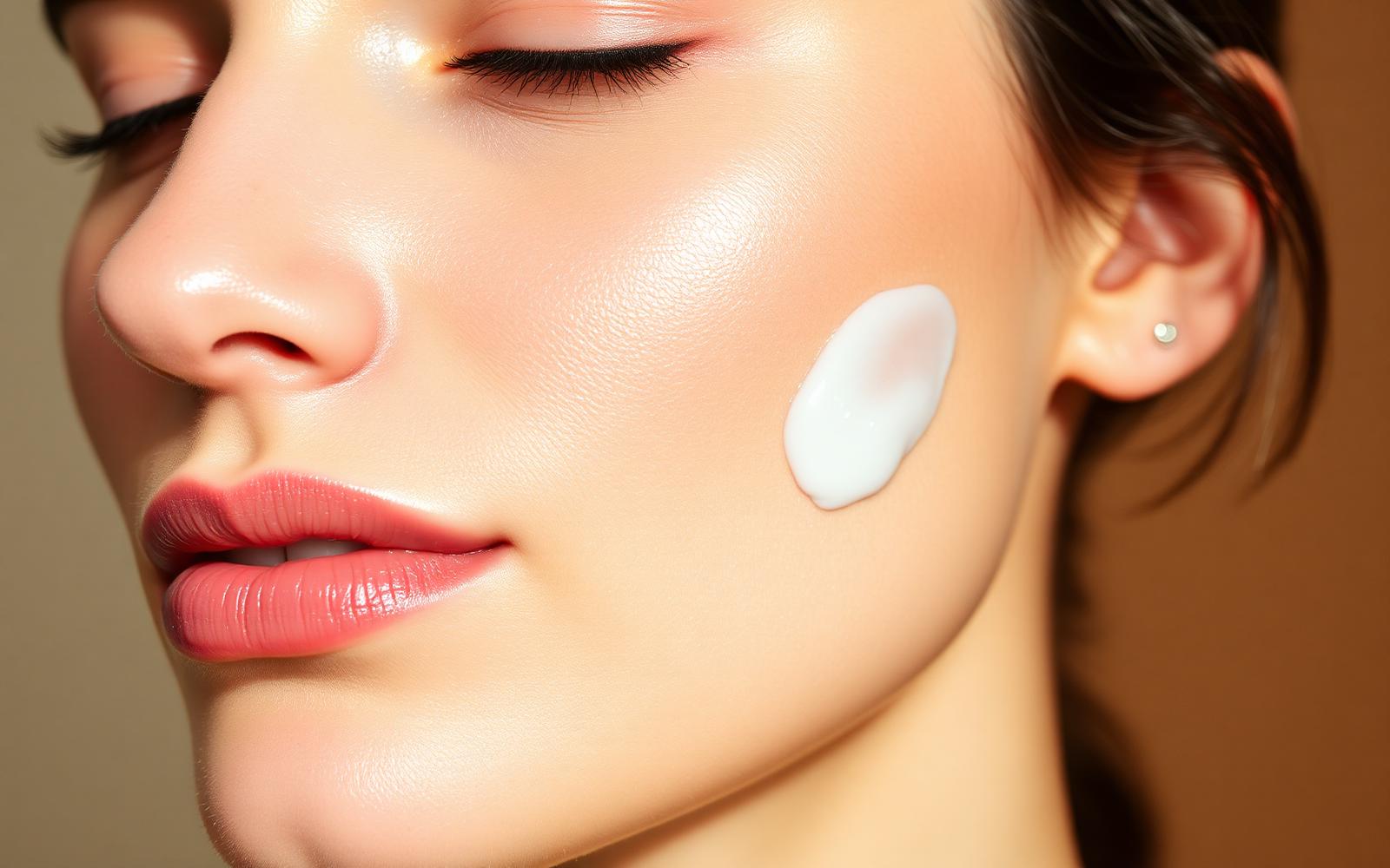 Close-up of luminous skin with a fingertip of cream